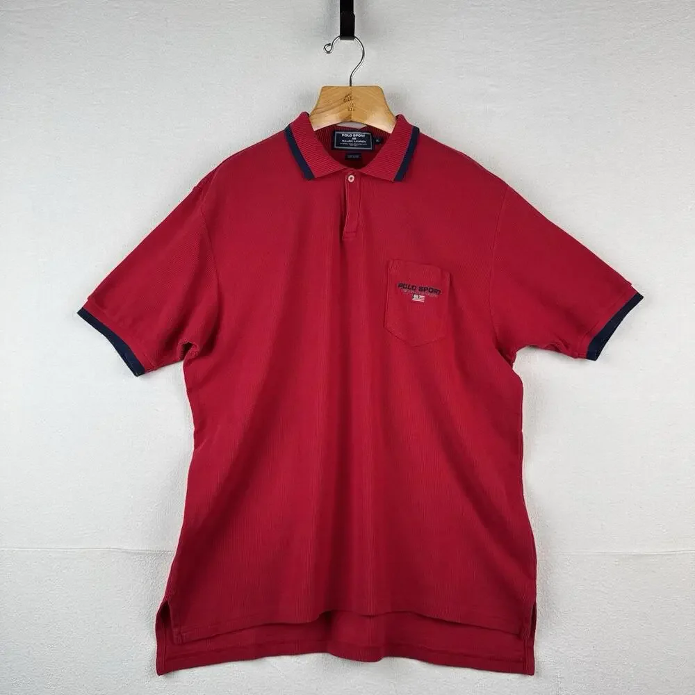 90’s Vintage Ralph Lauren Polo Sport Embroidered Flag Short Sleeve Polo Shirt XL